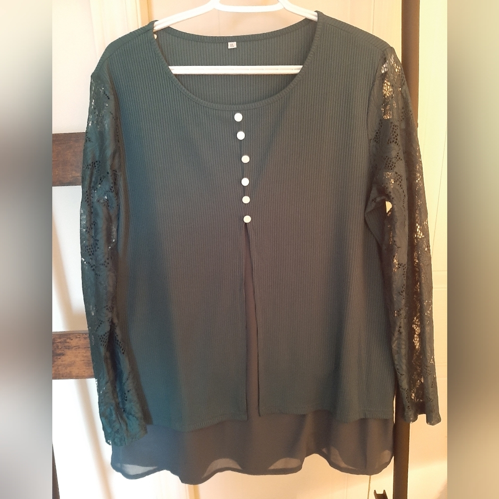 Chic Teal Lace Sleeve Women's Blouse